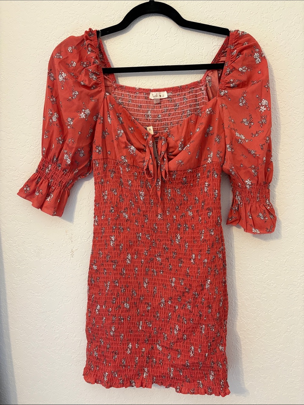 Coral Floral Smocked Mini Dress with Puff Sleeves